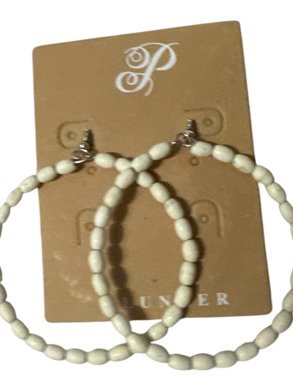 NWT Plunder Cream Beaded Hoop Earrings silver accents nice big new